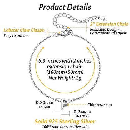 ChicSilver Initial Bracelet for Women 925 Sterling Silver Letter Initial Bracelet Dainty Personalized 26 Alphabet Jewelry Gifts for Birthday Anniversary Wedding - style: P