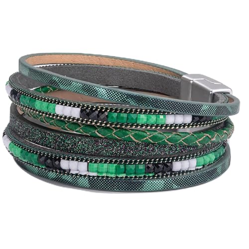 Boho Layered Leather Wrap Bracelets Chunky Western Country Hippie Jewelry | Stackable Bohemian Cowgirl Magnetic Clasp Cuff Bangle Set Fashion Stack Statement Festival Trendy Jewelry Gifts for Women - color: Green