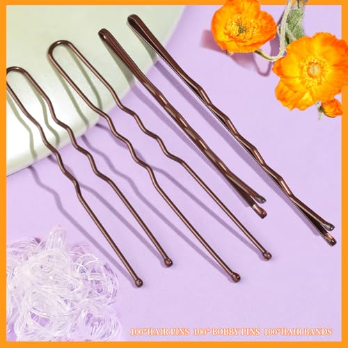 Teenitor 300pcs Bobby Pins Hair Pins Kit, 100 Hair Pin for Women 100 Bobby Pins Brown and 100 Hair Bands, Hair Pins for Buns 2inch 2.36inch 2.75inch - color: Brown