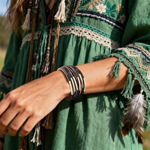 Wrapped Bracelets for Women,Leather Boho Bracelets for Women - color: Leather-Black