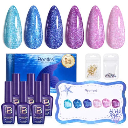 Beetles Glitter Gel Nail Polish Set, Siren Scale Shimmer Gel Polish | 6 Color Blue Pink Purple Colors with Rhinestones for Mermaid-Style Nail Art UV Led Soak-Off Manicure - color: Siren Scales
