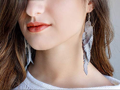 Leather Feather Earrings, Suede layered earrings, boho wedding jewelry, summer earrings, gift for her, dangle earrings - color: grey