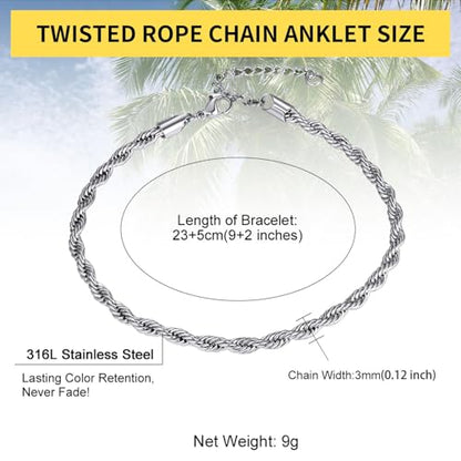 ChainsHouse Ankle Bracelets for Women, Stainless Steel Beaded Chain Ankle Bracelet, Womens Heart Anklets for Summer Beach Jewelry Gifts - color: L: twisted rope-6mm-stainless