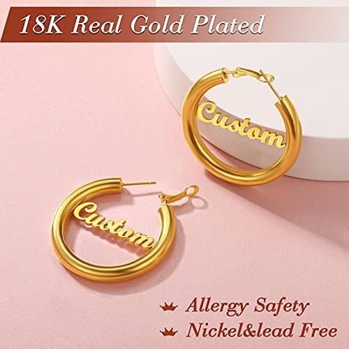 FindChic Hoop Earrings for Women, Silver/Black/14K Gold Plated Hypoallergenic Hollow Round Tube Loop Earrings, 20mm/30mm/40mm/60mm/80mm Chunky Hoops with Custom Name Options & Gift Box - color: f.Gold (Custom Name), size: 40MM