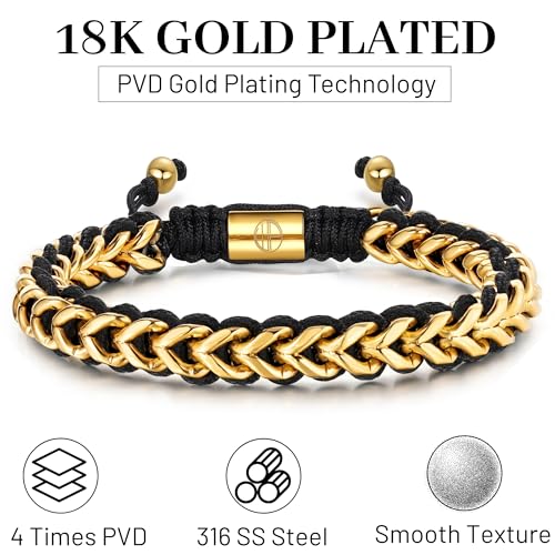 18K Gold-Plated Bracelets for Men Franco Link Chain Adjustable | Stainless Steel Bracelet, Gold Beads Bracelet, Handcrafted Braided, Mens Jewelry Birthday Gift for Men - color: Golden Yellow