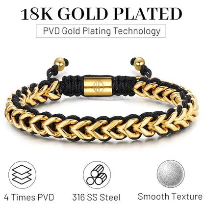 18K Gold-Plated Bracelets for Men Franco Link Chain Adjustable | Stainless Steel Bracelet, Gold Beads Bracelet, Handcrafted Braided, Mens Jewelry Birthday Gift for Men - color: Golden Yellow