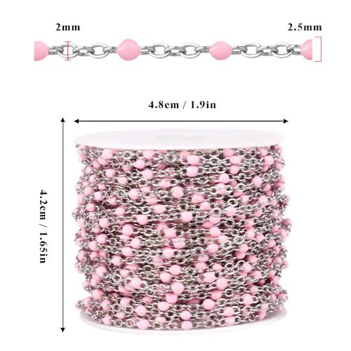 33FT 2mm Stainless Steel Pink Enamel Link Chains Bulk for Jewelry Making | 304 Stainless Steel Enamel Beaded Cable Chains Roll Spool for Necklace Bracelet Craft - color: Stainless Steel Pink Beads