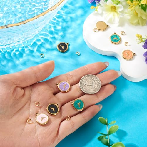 8Pcs Cute Stainless Steel Enamel Charms Flat Round with Fishtail Pendant Mixed Color Animal Theme Dangle Charm with Jump Ring for DIY Necklace Keychain Jewelry Making - color: Fishtail