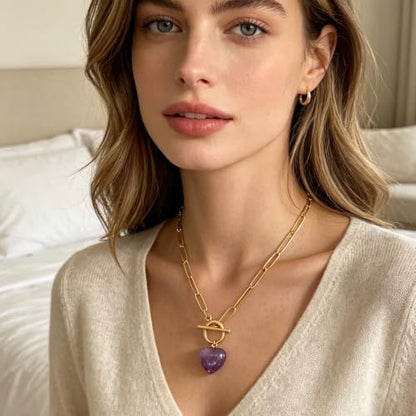 Teardrop CZ Pendant Paperclip Chain Necklace 18K Plated Paperclip Toggle Necklace Jewelry Birthstone Gift for Women - color: Heart Amethyst