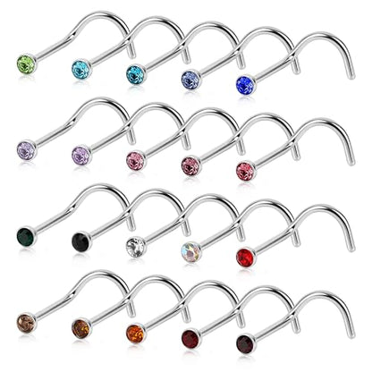 20G Colorful Rhinestone Steel Screw Nose Rings Studs Bar Pin Piercing Jewelry - color: silver