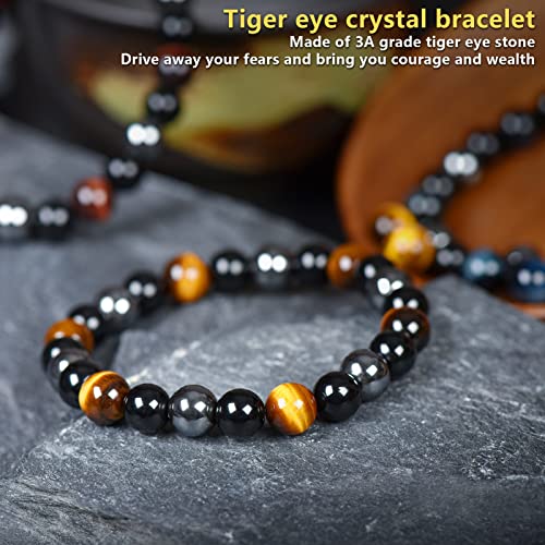 SAMXY Triple Protection Bracelet, 8mm Healing Crystal Bead Bracelet, 3pcs Blue Red Tiger's Eye Obsidian Hematite Bracelet Women Men - color: 3Pcs-8mm