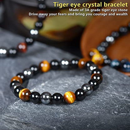 SAMXY Triple Protection Bracelet, 8mm Healing Crystal Bead Bracelet, 3pcs Blue Red Tiger's Eye Obsidian Hematite Bracelet Women Men - color: 3Pcs-8mm