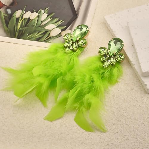 Long Feather Earrings for Women Bohemian Crystal Zirconia Dangle Feather Earrings Crystal Tassel Feather Earrings Wedding Halloween Prom Jewelry - color: Green