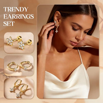 14K Gold Hoop Dangle Stud Earrings Surgical Steel Helix Piercing | Hypoallergenic,Cubic Zirconia,3 Pairs Huggie Hoop Set for Women,Dangle Stud,Cartilage Tragus Conch Earring,Jewelry Gift - color: A2-Gold Clover CZ