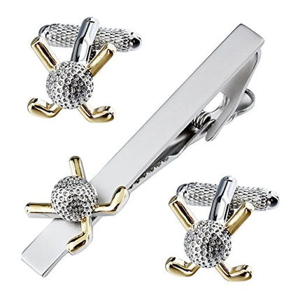 HAWSON Metal Cufflinks and Tie Clip Set for Men Novelty Cuff Links and Tie Bar Gifts for Wedding Level,Football, Musical Symbols Designs - color: Golf + Golf Club