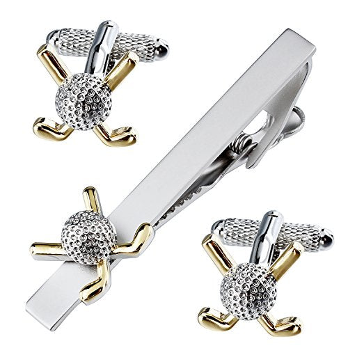 HAWSON Metal Cufflinks and Tie Clip Set for Men Novelty Cuff Links and Tie Bar Gifts for Wedding Level,Football, Musical Symbols Designs - color: Golf + Golf Club