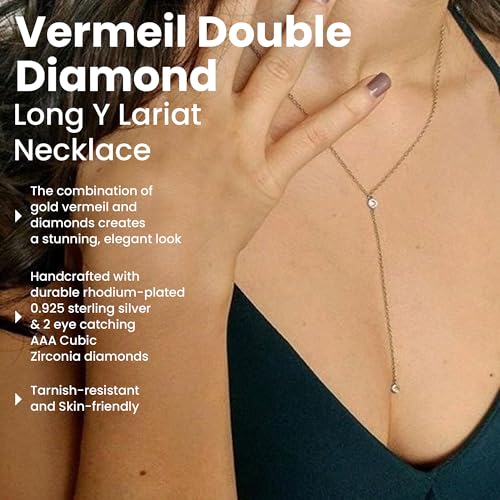 Faire de la Mode Dainty Drop Lariat Necklace for Women, 16" to 18" Adjustable Length Double CZ Lariat Y Necklace - color: Silver
