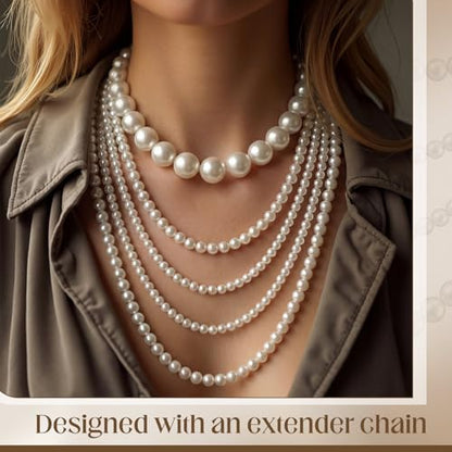 Aurelema Multilayer Long Pearl Necklaces for Women Adult Faux Pearl Tassel Strand Layered Beaded Choker Jewelry for Costume Evening Party Daily Wear