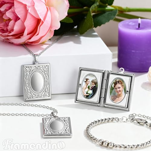 Framendino, 10 Pack Silver Rectangle Photo Frame Charms Stainless Steel Locket Memory Pendants for DIY Necklace Jewelry Making