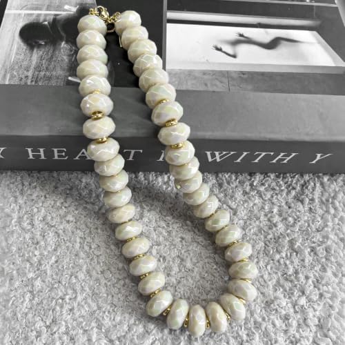 Colorful Chunky Acrylic Beaded Choker Necklaces for Women | Multicolor Faceted Beads, Sturdy Metal Chain, Adjustable Detachable, Lightweight, Summer Boho, Sparkly Statement Jewelry Gift - color: Cream
