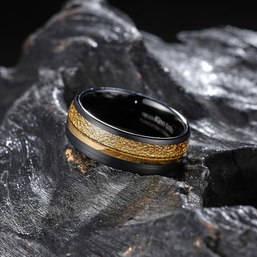 King Will Black Tungsten Rings for Men Hammer Wedding Band | Black, Grooved, Hammer Wedding Band Gold Groove, Sand Inlay, Everyday Wear - color: Embossed Golden Foil
