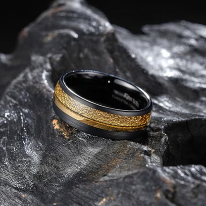 King Will Black Tungsten Rings for Men Hammer Wedding Band | Black, Grooved, Hammer Wedding Band Gold Groove, Sand Inlay, Everyday Wear - color: Embossed Golden Foil