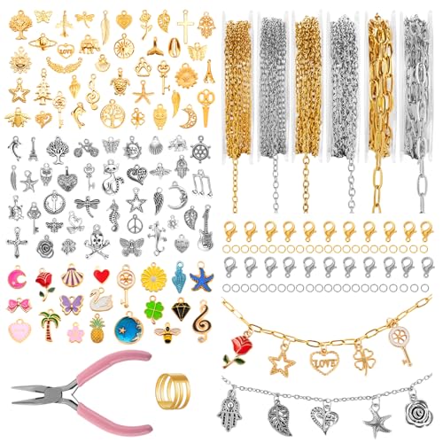 Zefy 18K Gold Silver Chain for Jewelry Making with 348 Pcs Charms | 19.7ft 6 Rolls Stainless Steel Chains Bulk Jump Rings Lobster Clasps Set for DIY Bracelet Necklace Crafts - size: Medium