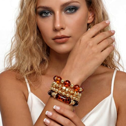 GOOJIDS Simple Beaded Gold Plated Bangles Bracelet Chunky Bamboo Tube Curved Stacking Clear Acrylic Colorful Beads Stretchable Gold Plated Bracelets Set For Women - color: T New Brown Beads Set