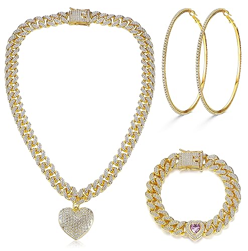 ORAZIO Cuban Link Chain Necklace Bracelet for Women Silver Jewelry Set Rhinestone Hoop Earrings Bling Crystal Hip Hop Jewelry for Wedding Costume Prom Party - color: Gold, size: 20in