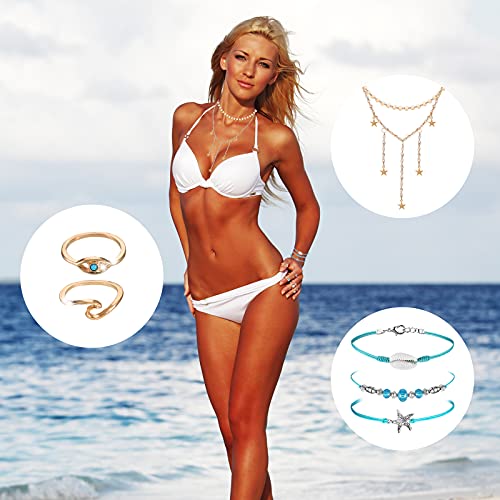 Batiyeer 60 Pcs Boho Surfer Wave Bracelet and Necklace Set for Women, Summer Beach Y2k Layered Choker Anklets Knuckle Rings - style: 60 Pcs