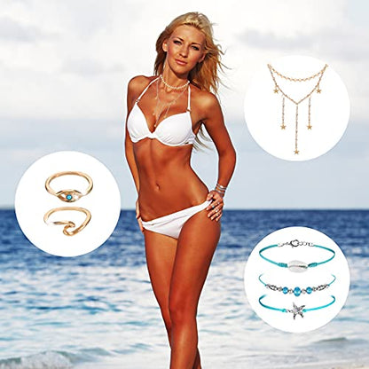 Batiyeer 60 Pcs Boho Surfer Wave Bracelet and Necklace Set for Women, Summer Beach Y2k Layered Choker Anklets Knuckle Rings - style: 60 Pcs