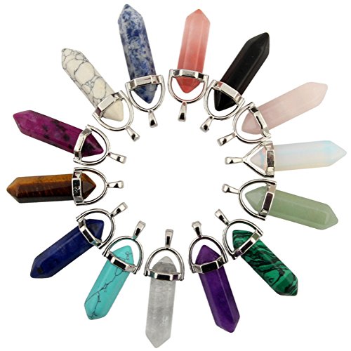 Mutilcolor 14pcs Bullet Shape Healing Pointed Chakra Pendants sugilite Quartz Crystal Stone Charm Randow Color for Necklace Making - size: 11mmX38mm