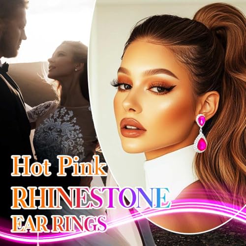 Catery Crystal Wedding Earrings Silver Rhinestone Ear Rings Teardrop Bridal Ear Jewelry for Brides and Women - color: Hot Pink