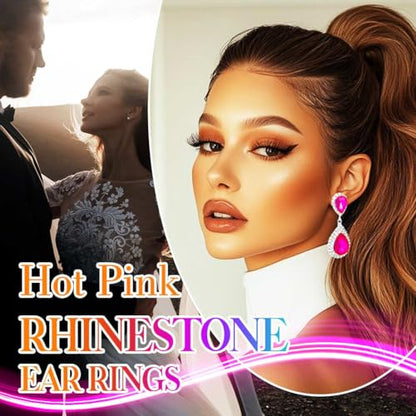 Catery Crystal Wedding Earrings Silver Rhinestone Ear Rings Teardrop Bridal Ear Jewelry for Brides and Women - color: Hot Pink