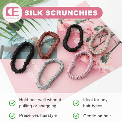 6Pcs Silk Hair Ties 100% Pure Mulberry Silk Scrunchies for Women Girls | No Hair Crease, Anti Frizz, Gentle Hold, No Damage, Color 04 - color: Black&Dark Curry&Gray&Pink&Beige