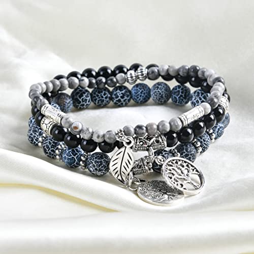 YGLINE Tree of Life Yoga Healing Stone Bracelets,Multilayer Lotus Chakra Stone Reiki Bracelet Sets,Anxiety Crystal Natural Stone,for Women Stress Relief - color: black wind fossilpicture jasper