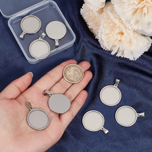 1 Box 10Pcs 25mm Bezel Tray Stainless Steel Cabochon Blanks Silver Metal Flat Round Cameo Pendant Base Blank Trays Charm Setting for Photo Jewelry Making Earrings Necklace DIY Craft Findings - style: silver round