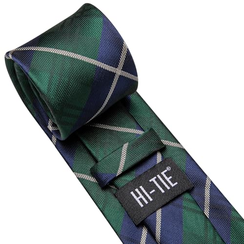Hi-Tie Men 63inches Tie Set Extra Long Necktie Paisley Tie Pocket Suqare Cufflinks Big and Tall Men Tie - color: Blue Green Plaid