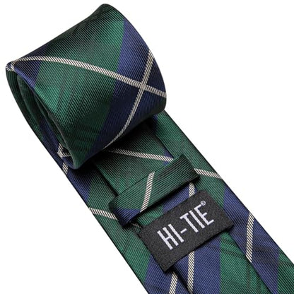 Hi-Tie Men 63inches Tie Set Extra Long Necktie Paisley Tie Pocket Suqare Cufflinks Big and Tall Men Tie - color: Blue Green Plaid