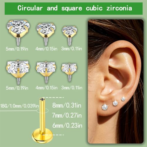 18G 16G Hypoallergenic Surgical Stainless Steel Internal Thread Tragus Labret Cartilage CZ Stud Piercing Jewelry Helix Cartilage Conch Nose Lip Labret Medusa Piercingenic Be Equipped With Piercing Ball Grabber Tool Flat Back Stud Earrings for Women Men -