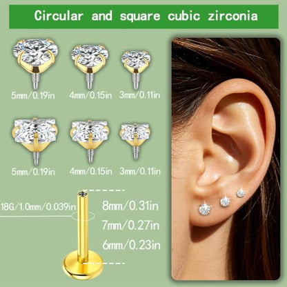 18G 16G Hypoallergenic Surgical Stainless Steel Internal Thread Tragus Labret Cartilage CZ Stud Piercing Jewelry Helix Cartilage Conch Nose Lip Labret Medusa Piercingenic Be Equipped With Piercing Ball Grabber Tool Flat Back Stud Earrings for Women Men -