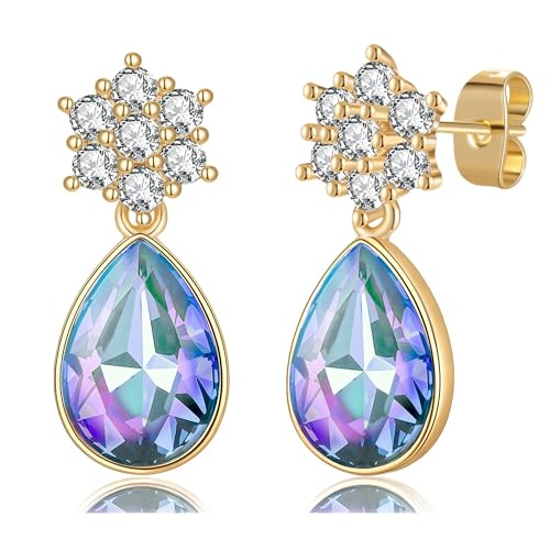 Elegant Austrian Crystal Teardrop Dangle Earrings for Women,14K Gold Plated Flower Drop Earrings Jewelry Gift for Birthday Wedding Anniversary - color: Vitrail Light