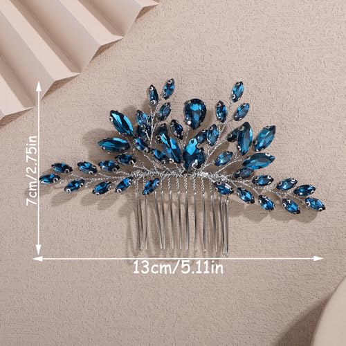 Teyglen Bridal Crystal Hair Comb Full Rhinestone Wedding Hair Comb Blue Teardrop Hair Piece for Bride Wedding Hair Accessories for Women Bridal Headpiece (Peacock blue) - color: Peacock blue