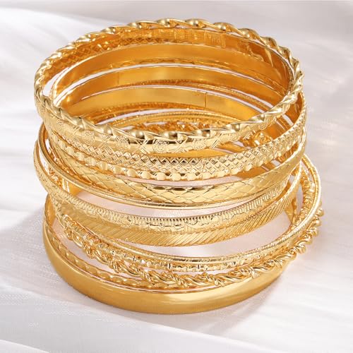 17IF Gold Bangle Bracelet For Women, 14k Multilayer Charm Textured Stackable Bracelets Boho Indian Chunky Cuff Fashion Jewelry Gift - style: 13 Pcs