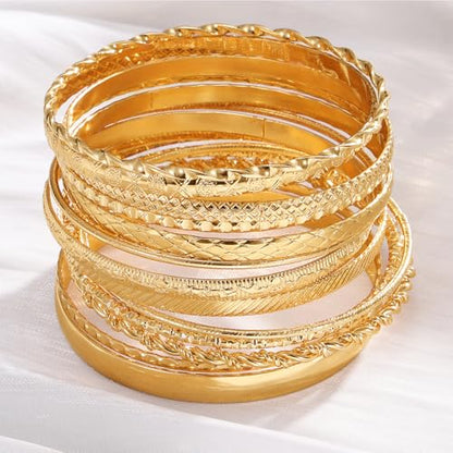 17IF Gold Bangle Bracelet For Women, 14k Multilayer Charm Textured Stackable Bracelets Boho Indian Chunky Cuff Fashion Jewelry Gift - style: 13 Pcs