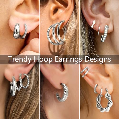 Adoyi 9 Pairs Gold Hoop Earrings Set for Womens Twisted Huggie Hoops Earrings 14K 18K Gold Plated for Girls Valentines Mother's Day Birthday Gifts Lightweight - color: 14K White Gold