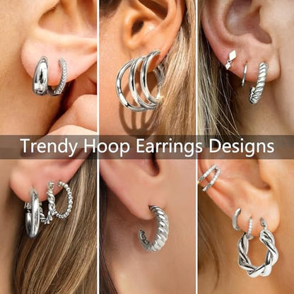 Adoyi 9 Pairs Gold Hoop Earrings Set for Womens Twisted Huggie Hoops Earrings 14K 18K Gold Plated for Girls Valentines Mother's Day Birthday Gifts Lightweight - color: 14K White Gold