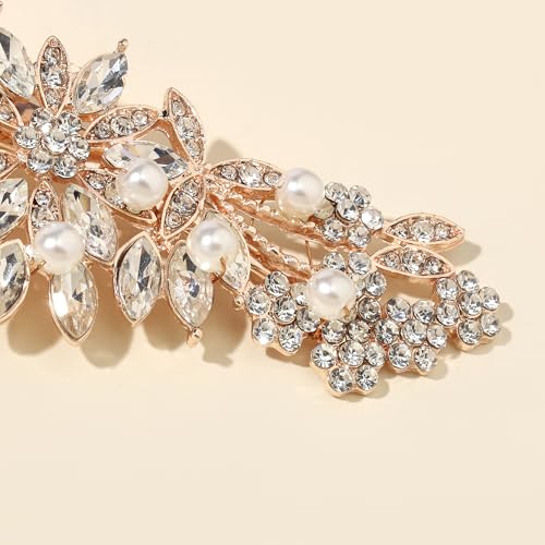 Hapibuy Rose Gold Crystal and Pearl Bridal Hair Clip Floral Hair Accessory Wedding Hair Comb For Women and Bride - color: Rose Gold-Hair Clip