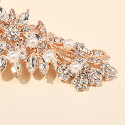 Hapibuy Rose Gold Crystal and Pearl Bridal Hair Clip Floral Hair Accessory Wedding Hair Comb For Women and Bride - color: Rose Gold-Hair Clip
