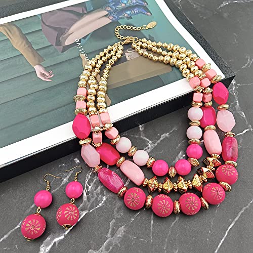 Bocar 3 Layer Chunky Statement Beaded Necklace and Earrings Set, Fashion Multi Layer Women Collar Necklace Jewelry Set - color: Bright Rose-Gold